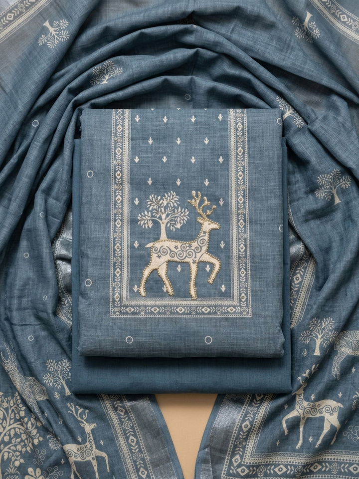 Grey Printed Linen Blend Unstitched Dress Material