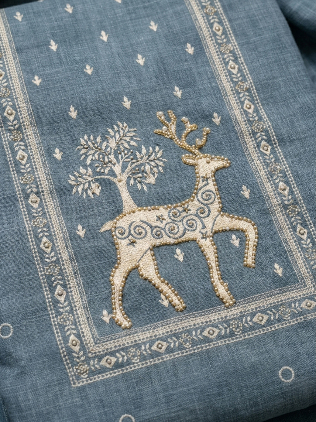 Grey Printed Linen Blend Unstitched Dress Material