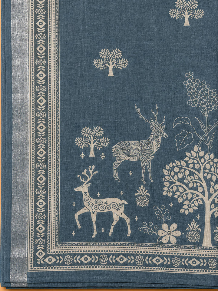 Grey Printed Linen Blend Unstitched Dress Material