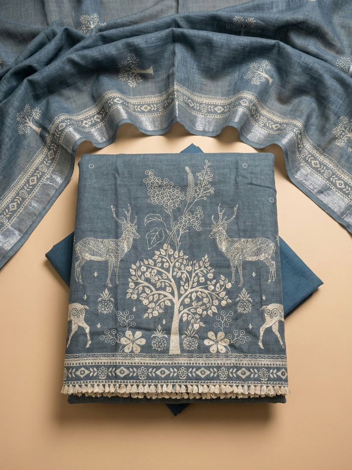 Grey Printed Linen Blend Unstitched Dress Material