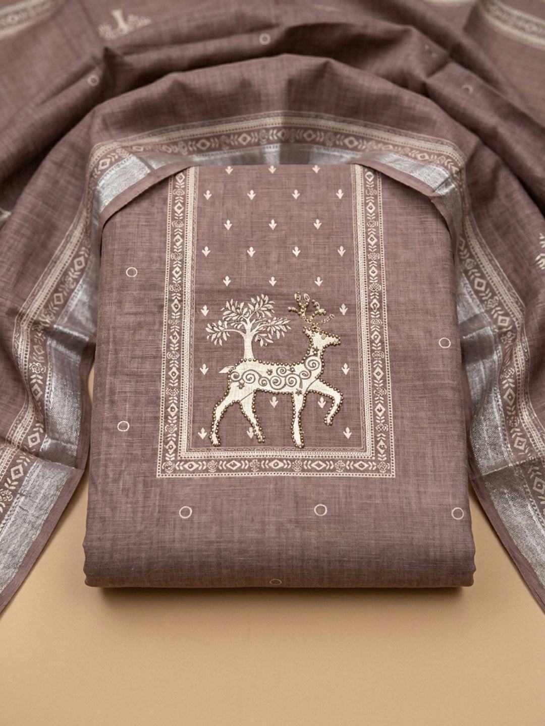 Onion Pink Printed Linen Blend Unstitched Dress Material