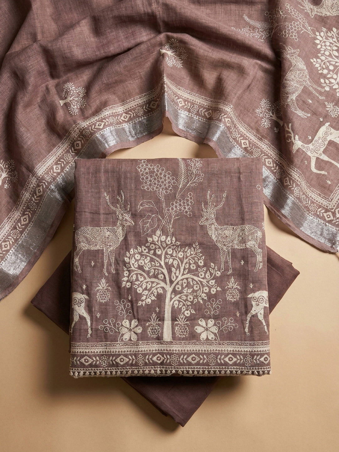 Onion Pink Printed Linen Blend Unstitched Dress Material