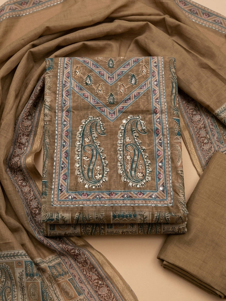 Brown Printed Chanderi Unstitched Dress Material