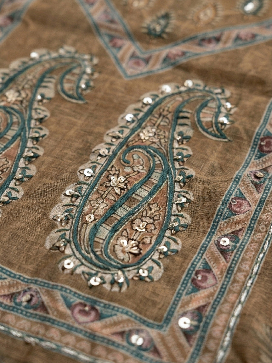 Brown Printed Chanderi Unstitched Dress Material