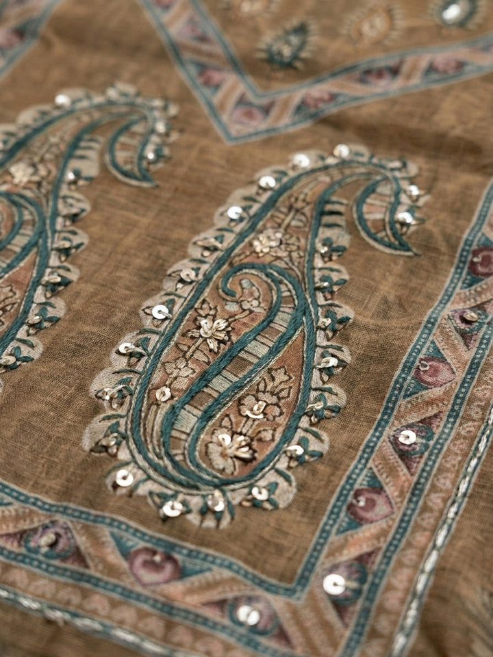 Brown Printed Chanderi Unstitched Dress Material