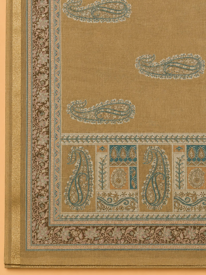 Brown Printed Chanderi Unstitched Dress Material