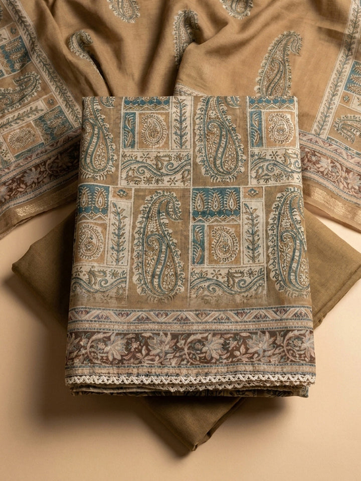 Brown Printed Chanderi Unstitched Dress Material