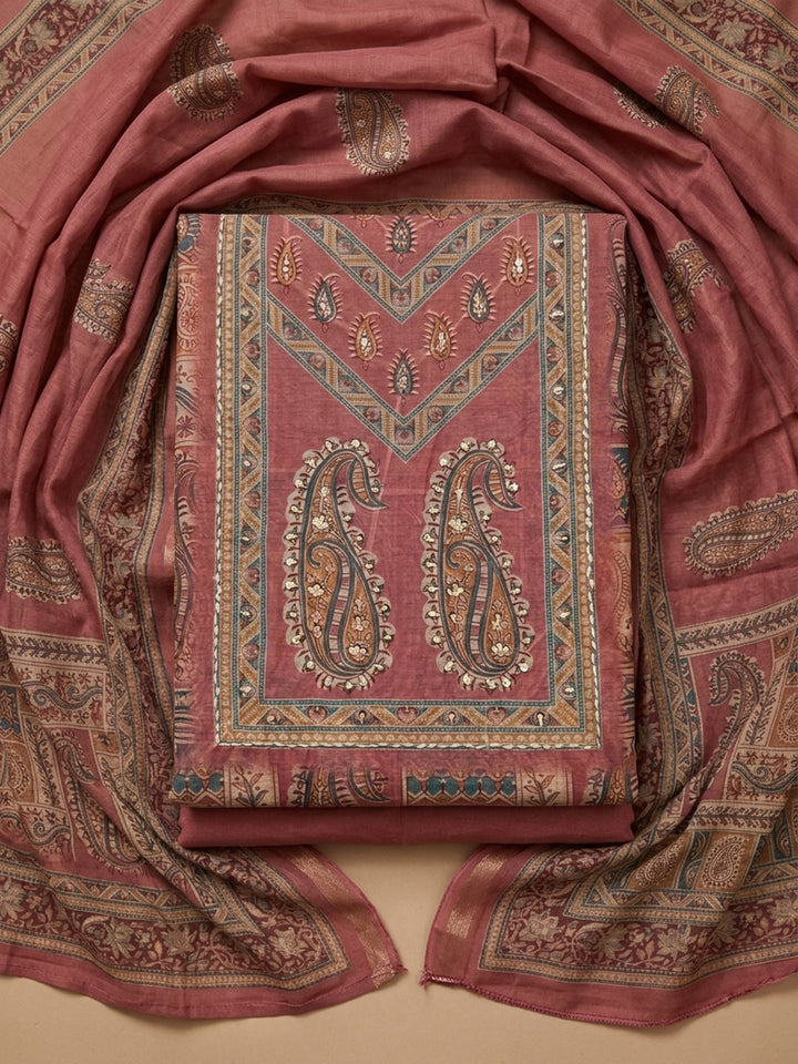 Onion Pink Printed Chanderi Unstitched Dress Material
