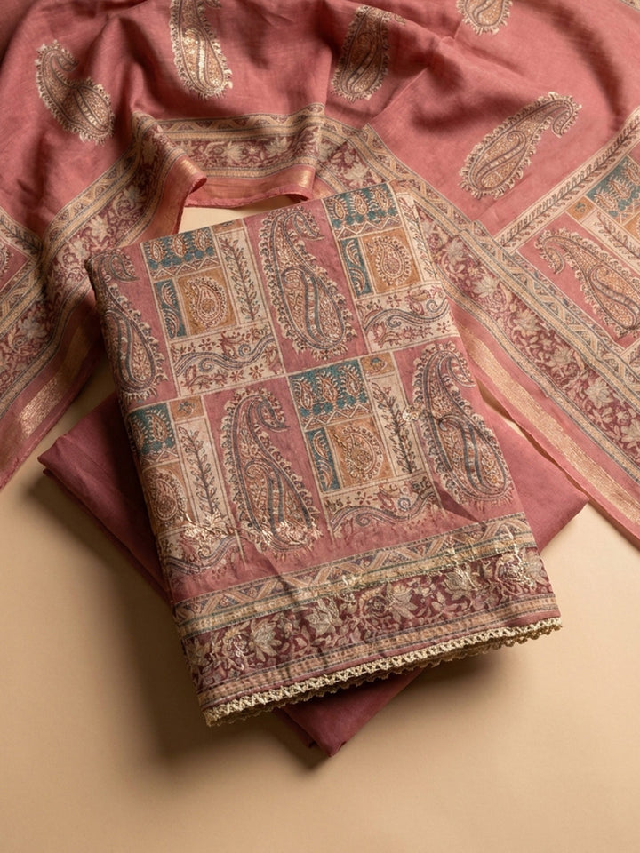 Onion Pink Printed Chanderi Unstitched Dress Material