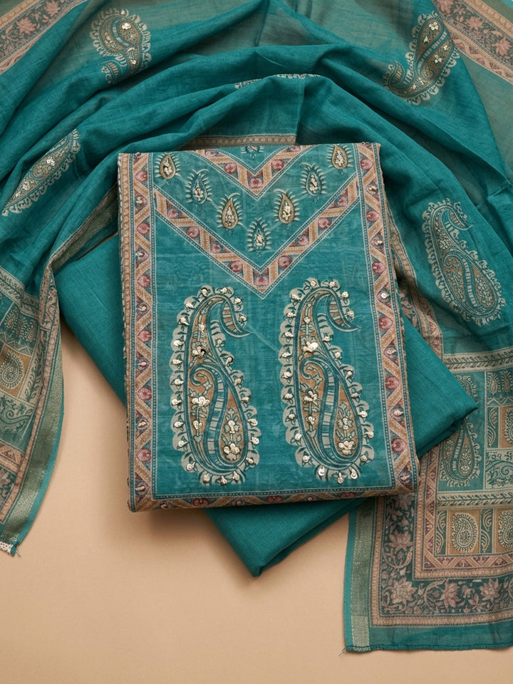 Rama Green Printed Chanderi Unstitched Dress Material
