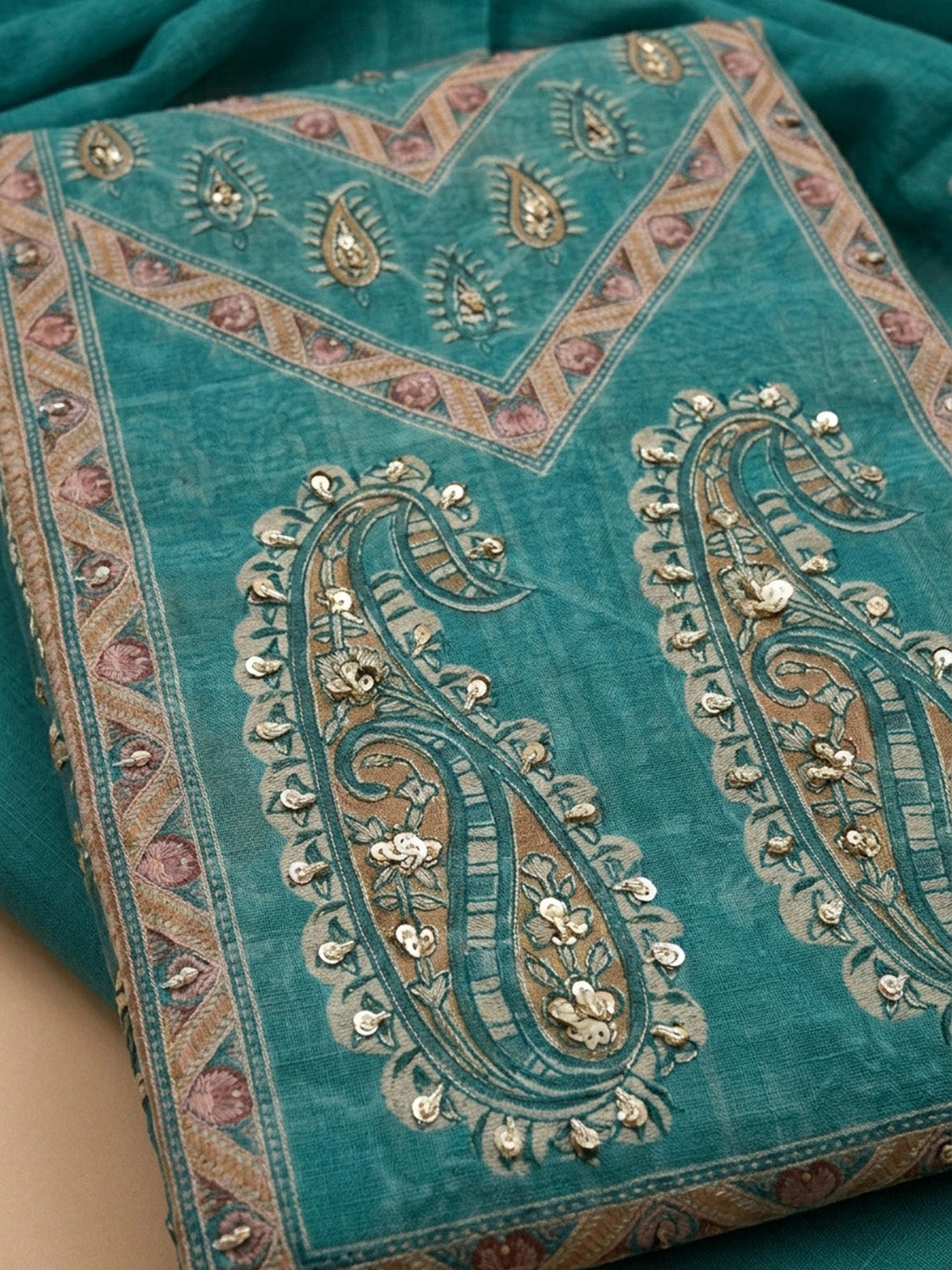 Rama Green Printed Chanderi Unstitched Dress Material