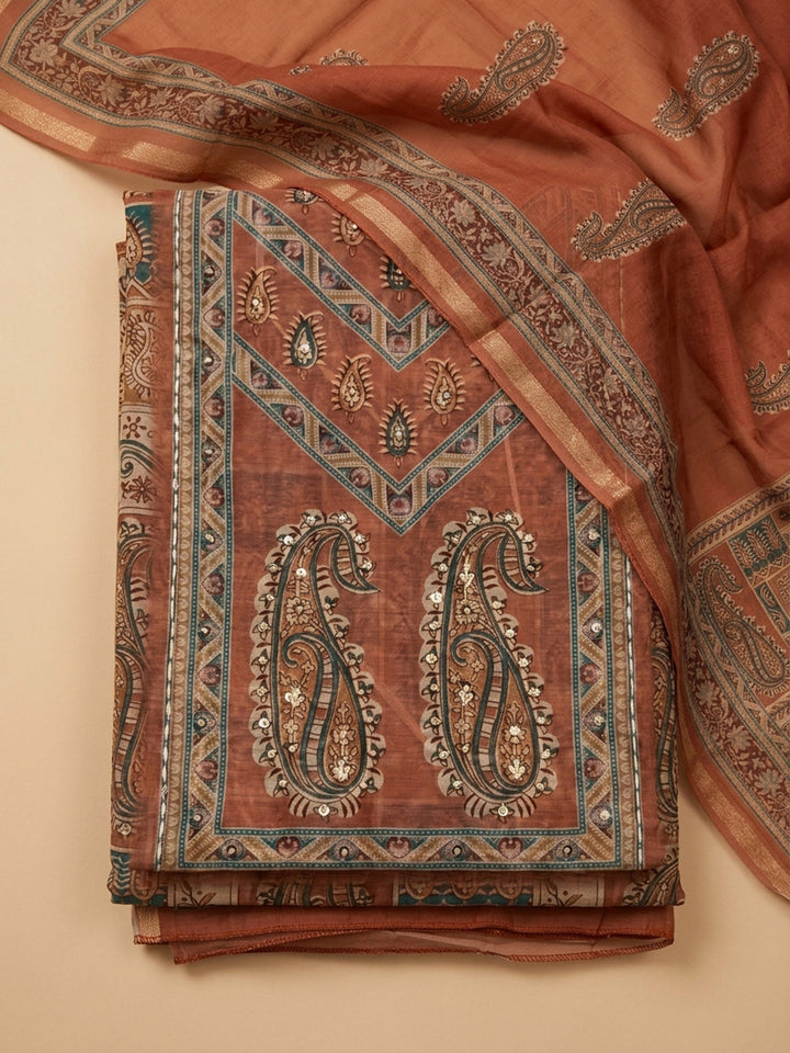 Rust Printed Chanderi Unstitched Dress Material