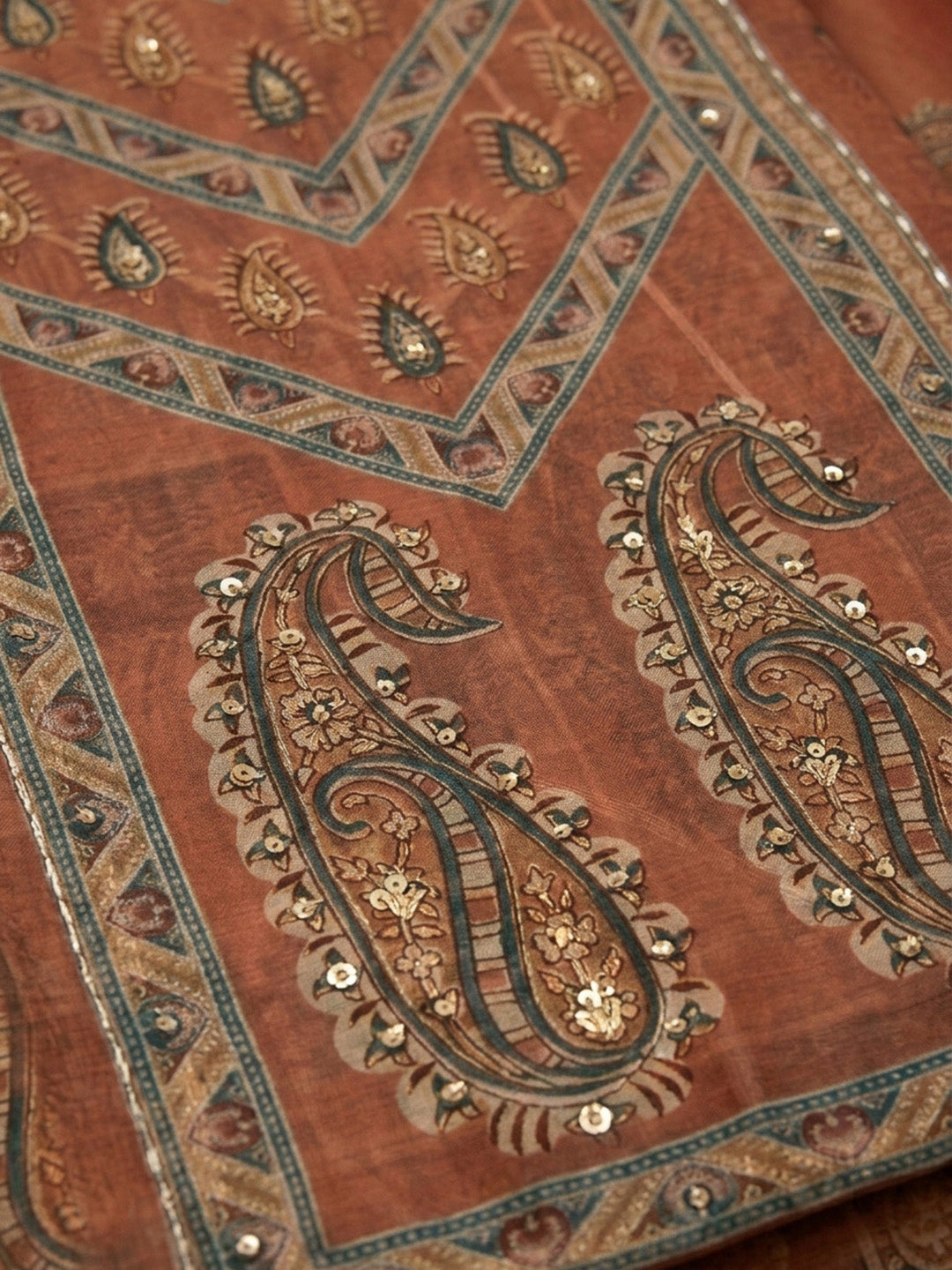 Rust Printed Chanderi Unstitched Dress Material