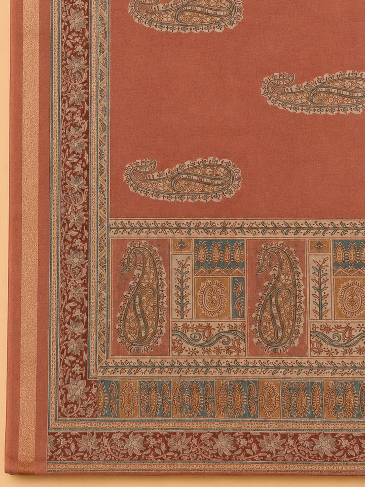 Rust Printed Chanderi Unstitched Dress Material