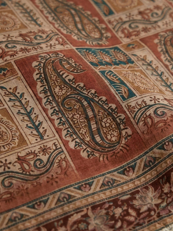 Rust Printed Chanderi Unstitched Dress Material