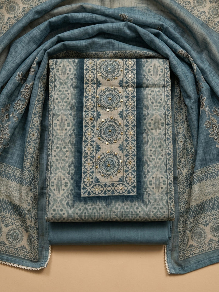 Blue Printed Linen Blend Unstitched Dress Material