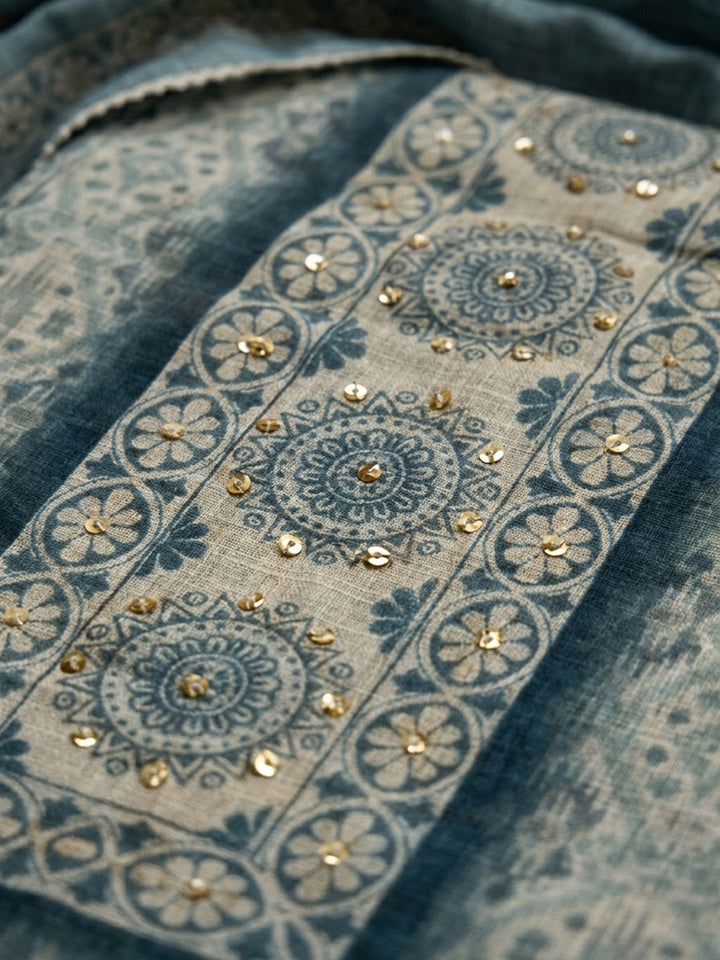 Blue Printed Linen Blend Unstitched Dress Material
