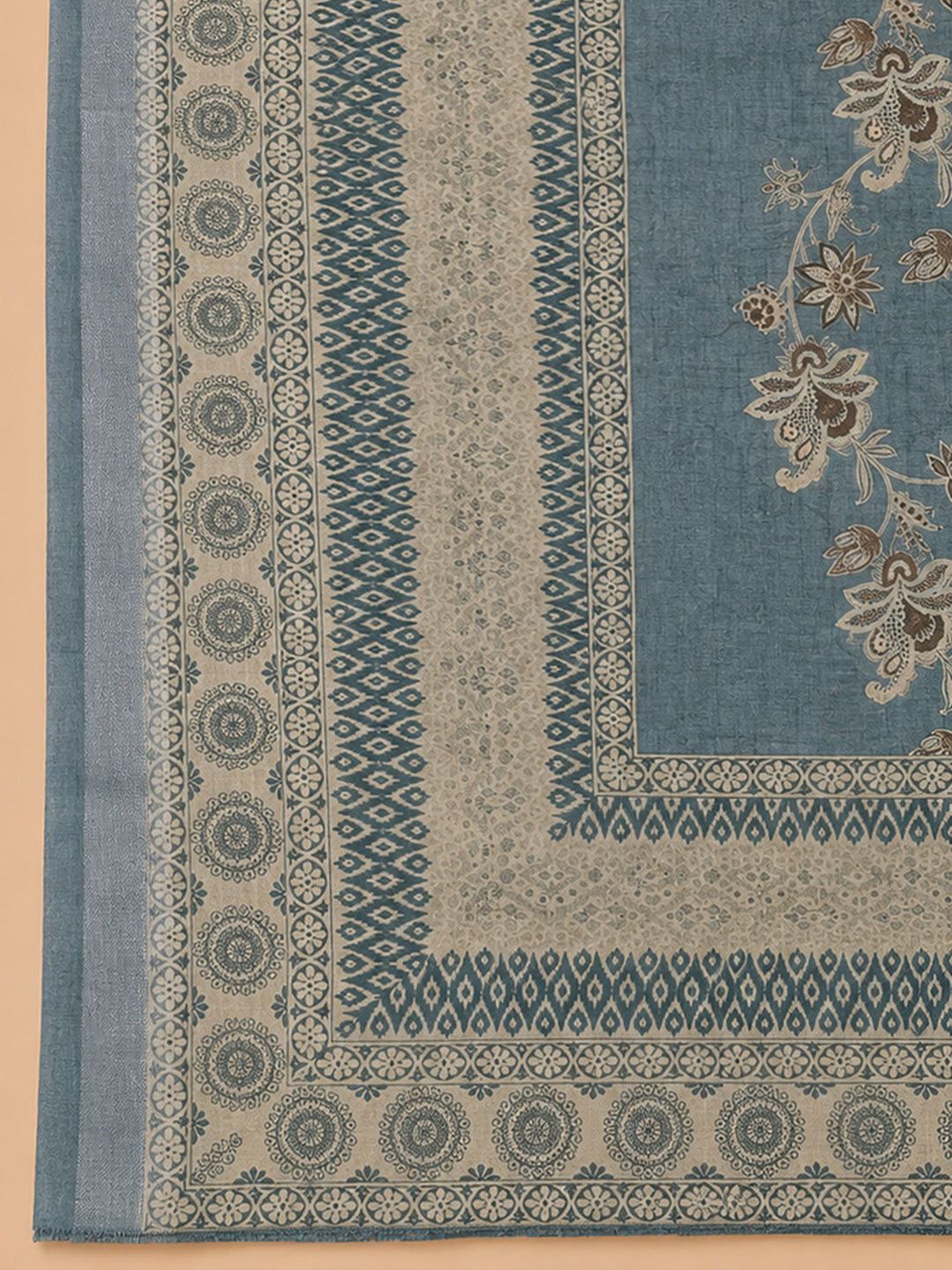 Blue Printed Linen Blend Unstitched Dress Material