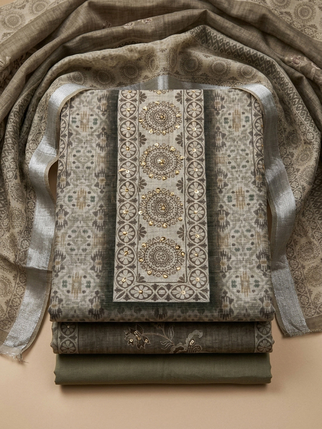 Green Printed Linen Blend Unstitched Dress Material