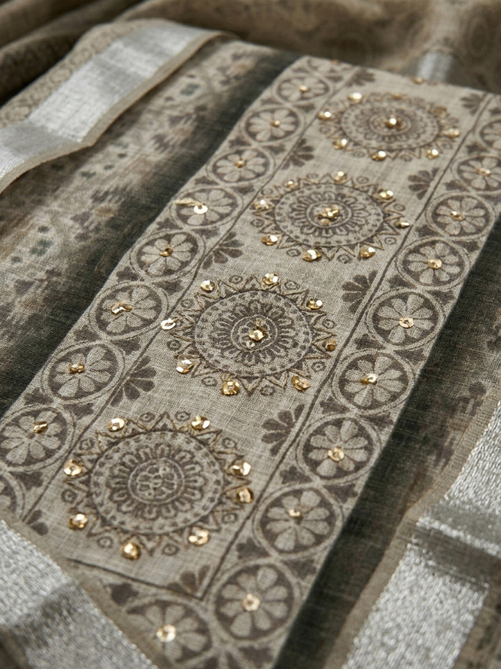 Green Printed Linen Blend Unstitched Dress Material