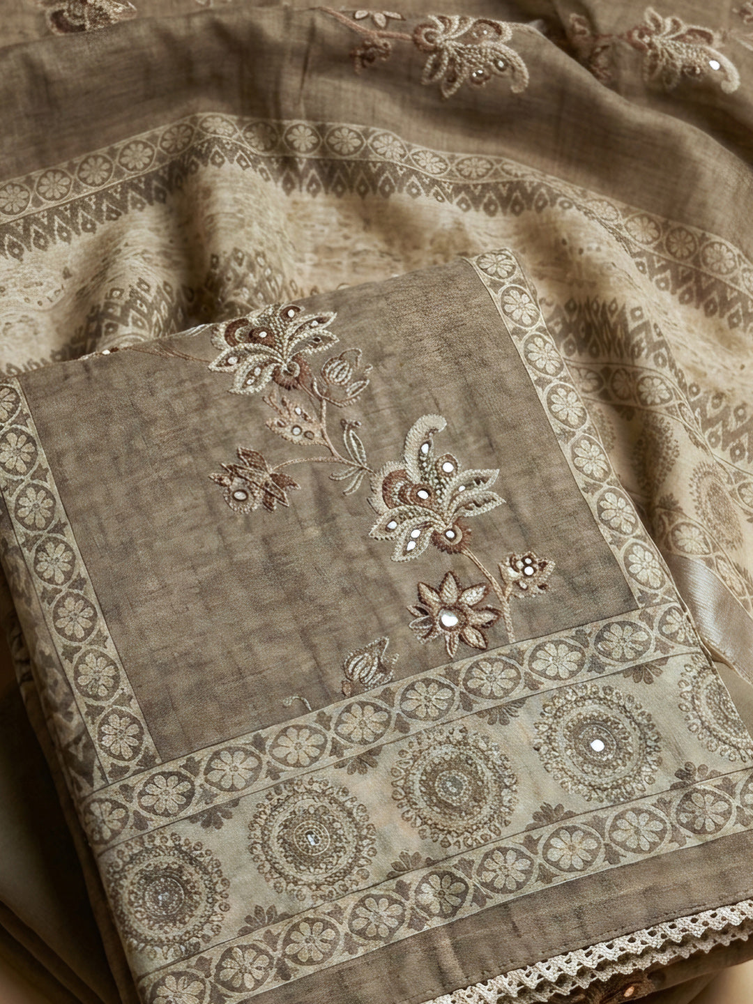 Green Printed Linen Blend Unstitched Dress Material