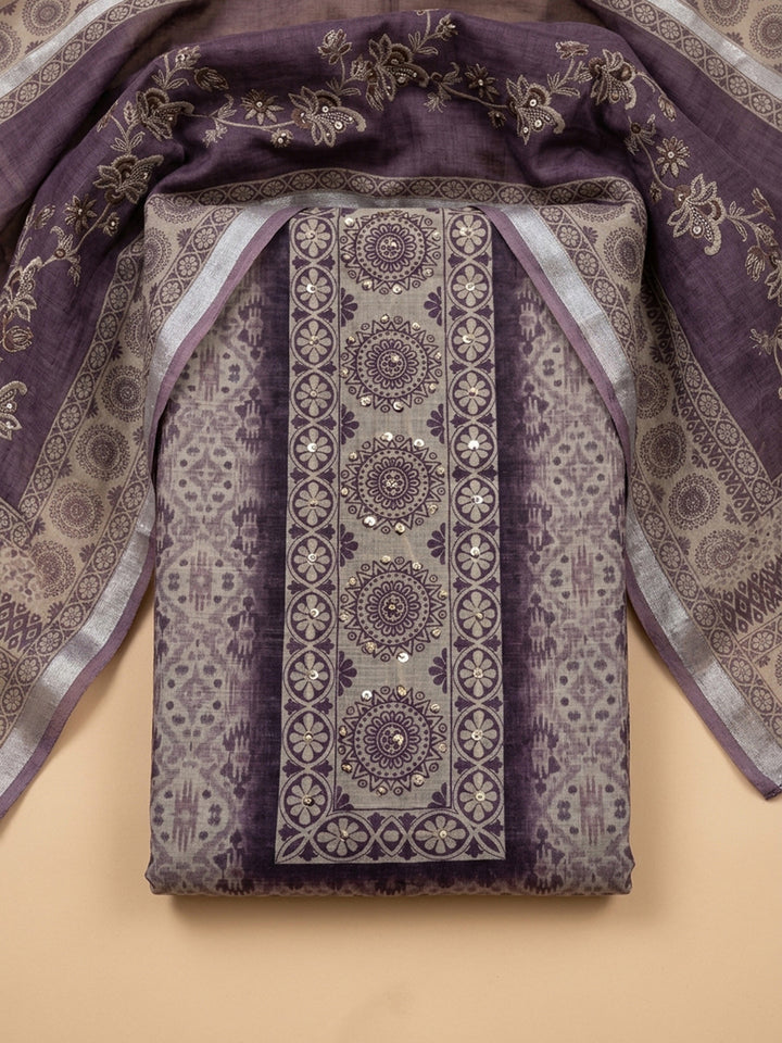 Purple Printed Linen Blend Unstitched Dress Material