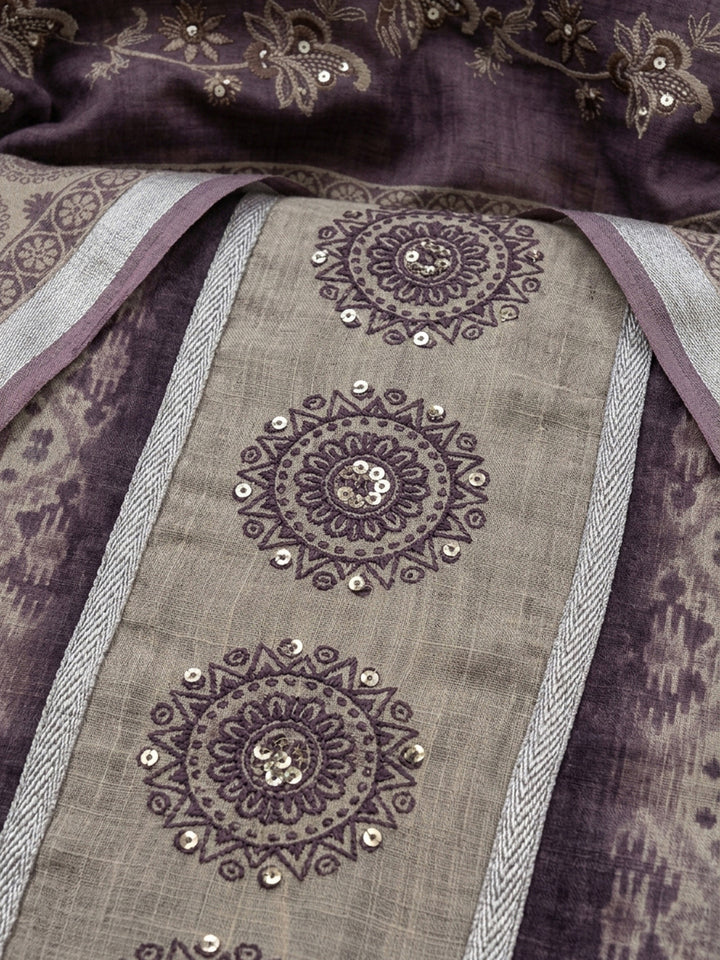 Purple Printed Linen Blend Unstitched Dress Material
