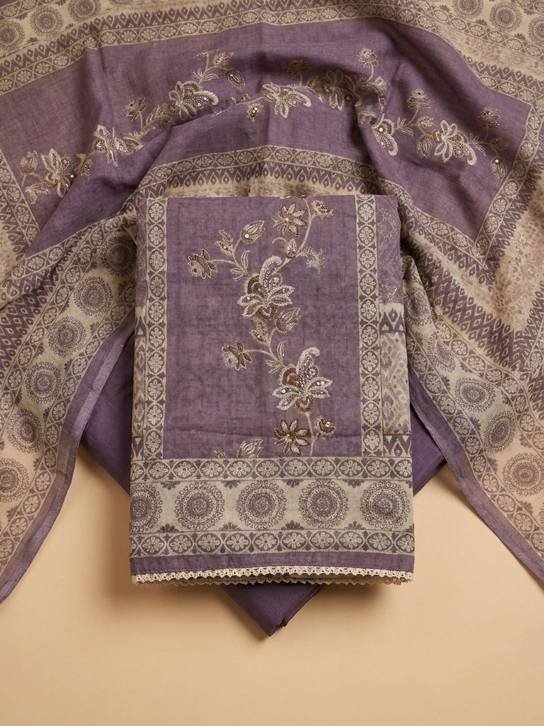 Purple Printed Linen Blend Unstitched Dress Material