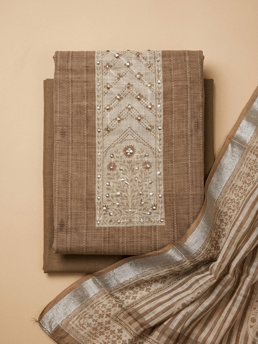 Beige Printed Chanderi Unstitched Dress Material