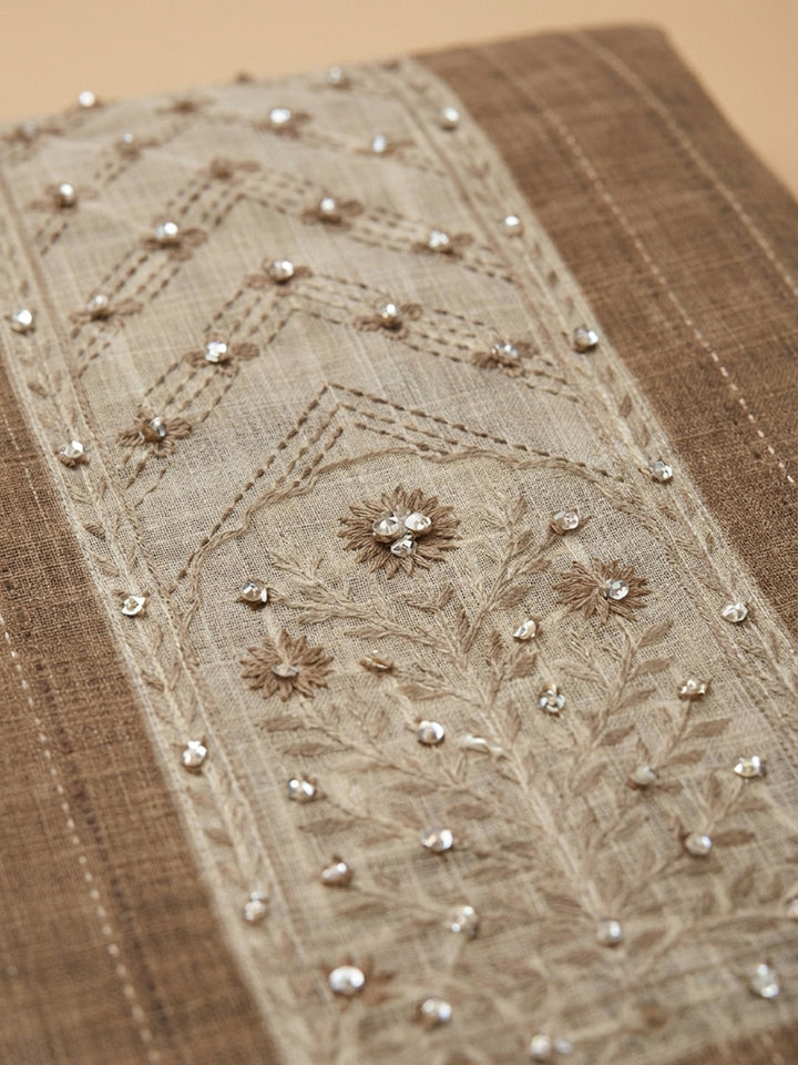 Beige Printed Chanderi Unstitched Dress Material