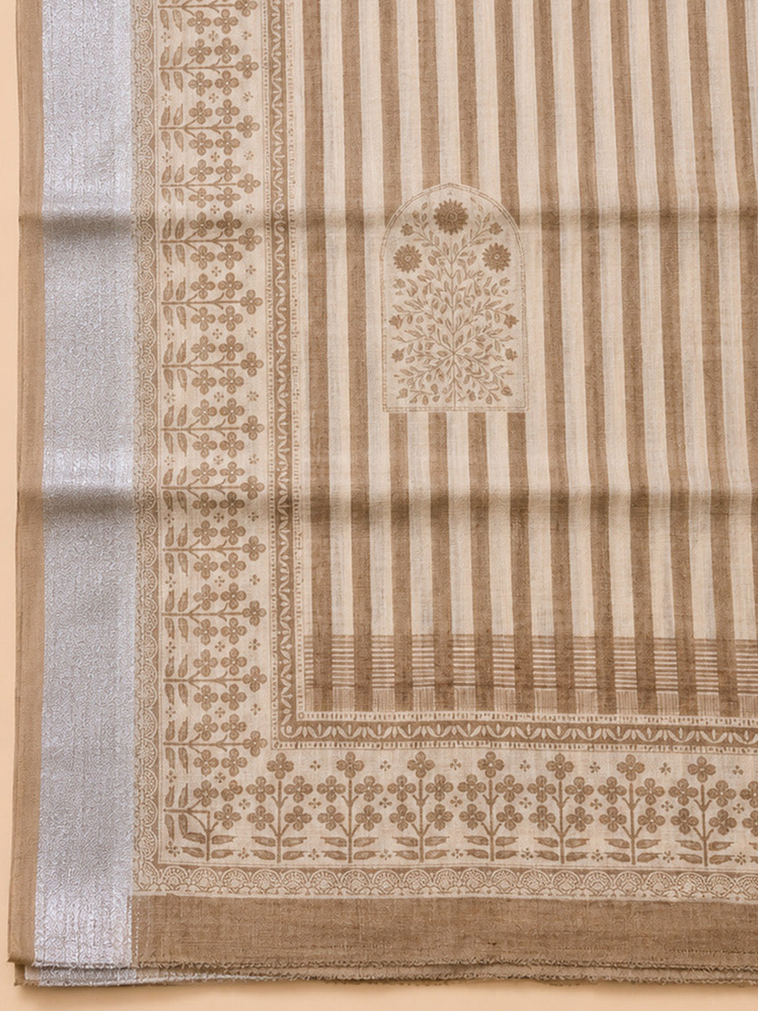 Beige Printed Chanderi Unstitched Dress Material