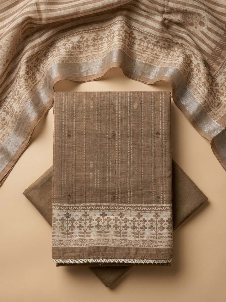 Beige Printed Chanderi Unstitched Dress Material