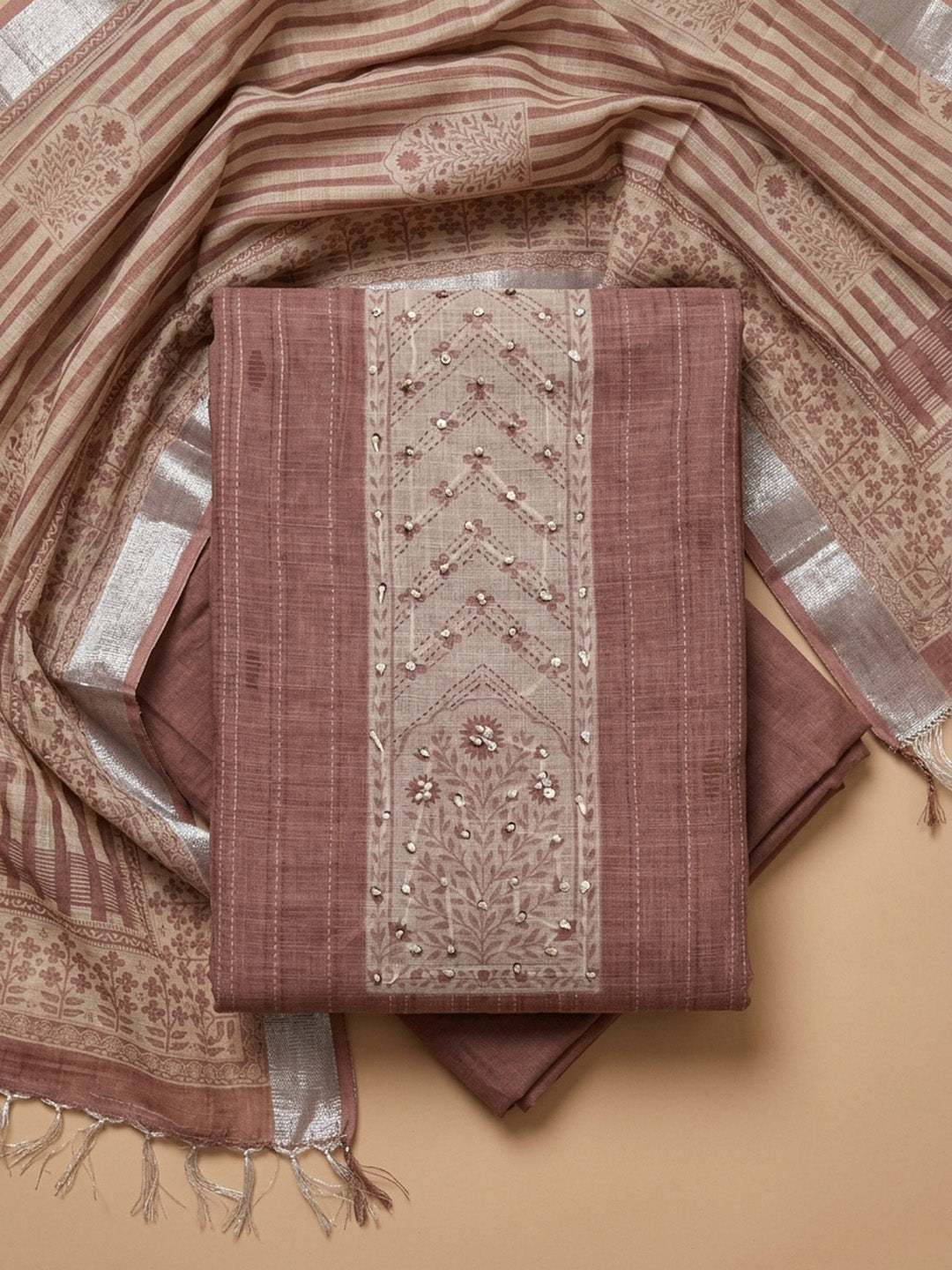 Dusty Pink Printed Chanderi Unstitched Dress Material