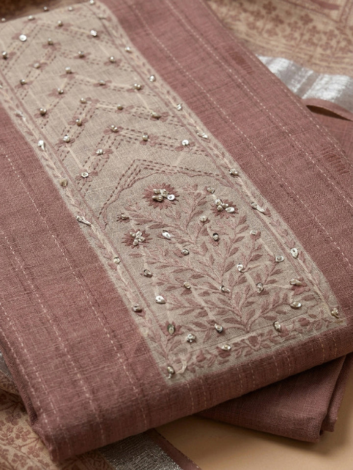 Dusty Pink Printed Chanderi Unstitched Dress Material