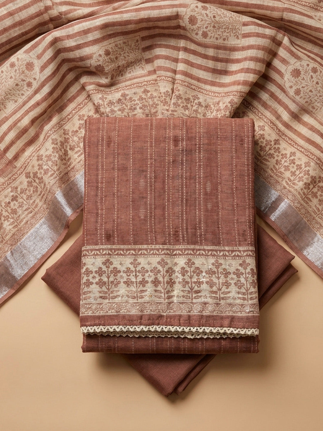 Dusty Pink Printed Chanderi Unstitched Dress Material