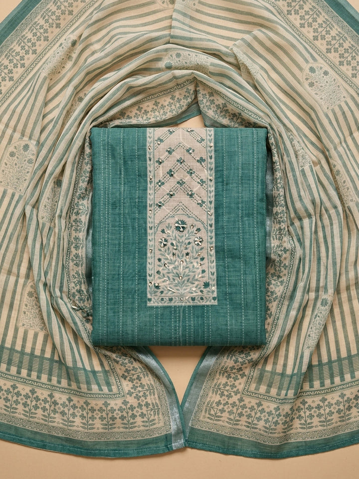 Green Printed Chanderi Unstitched Dress Material