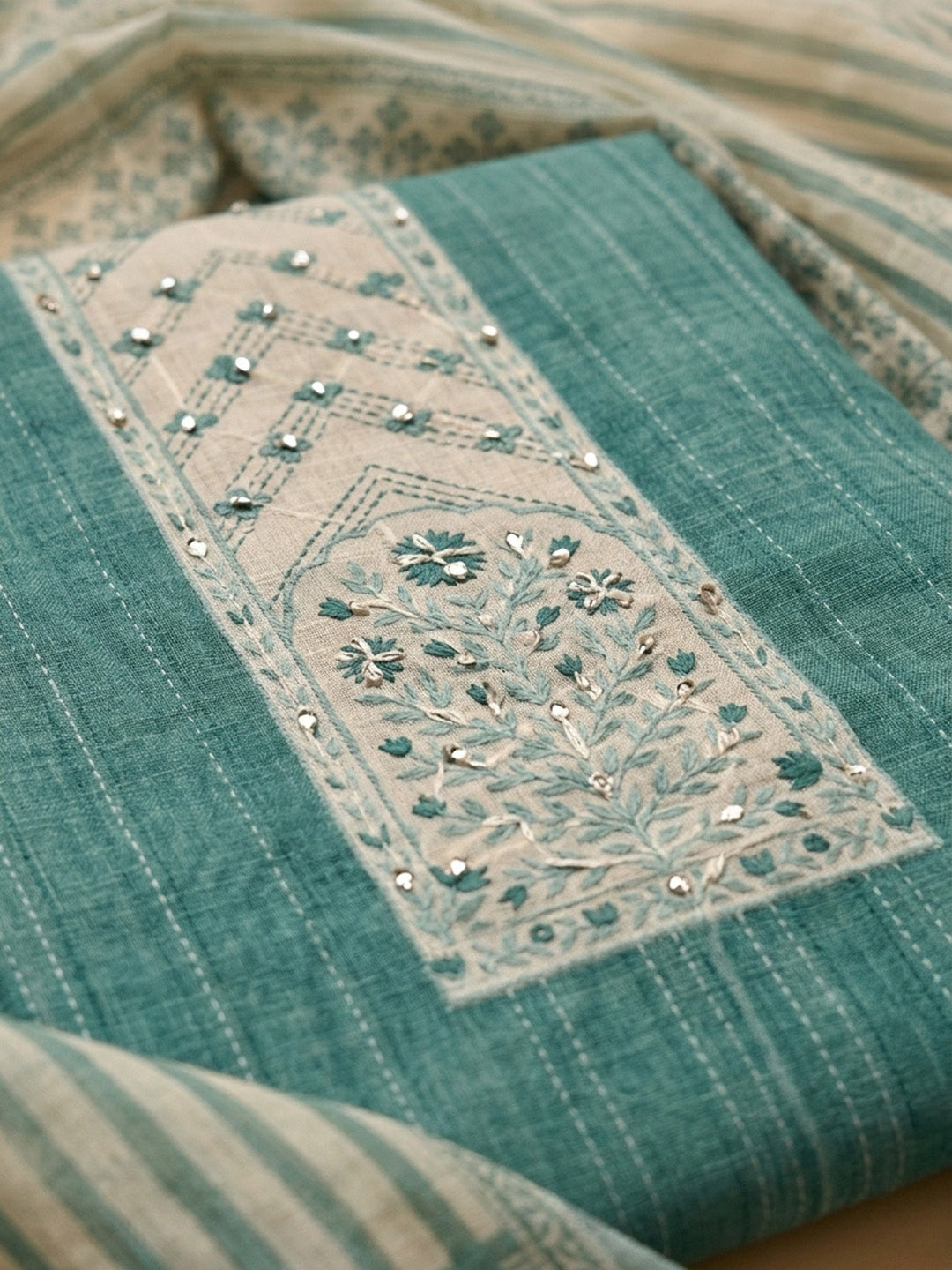 Green Printed Chanderi Unstitched Dress Material