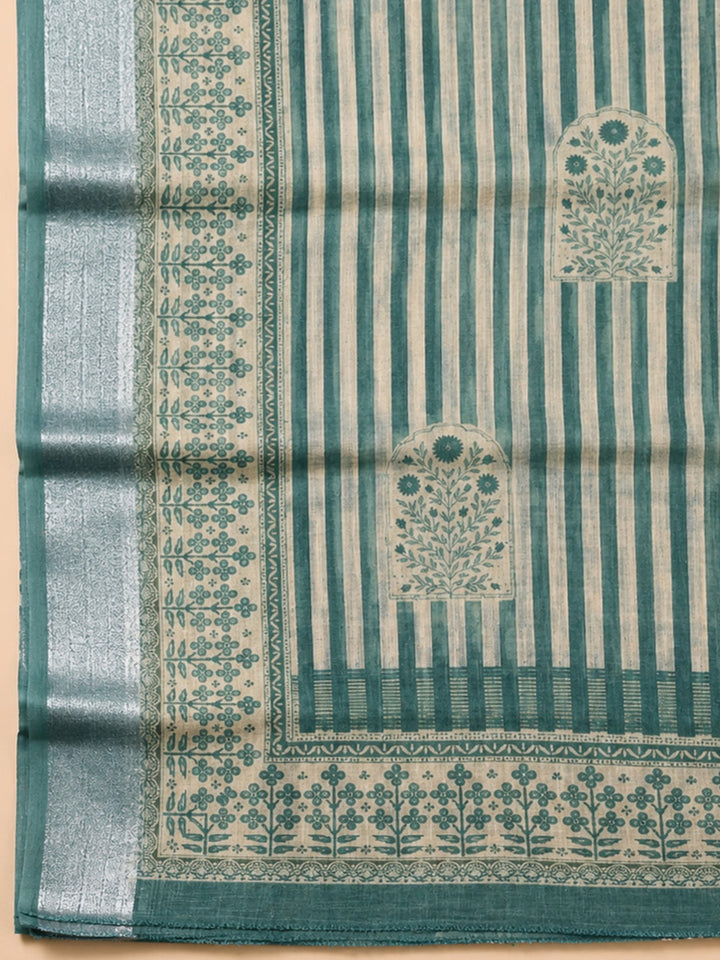 Green Printed Chanderi Unstitched Dress Material