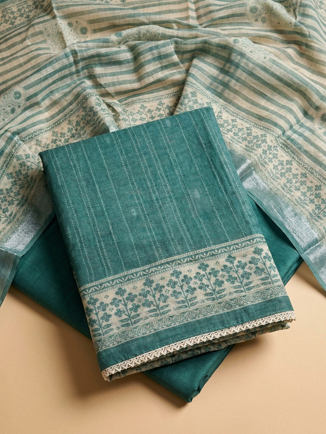 Green Printed Chanderi Unstitched Dress Material