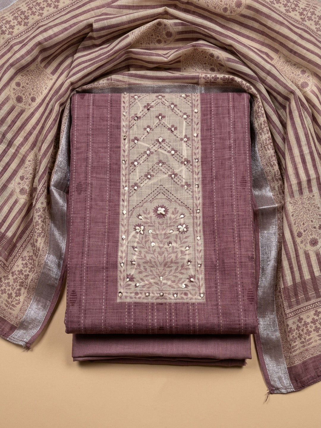 Onion Pink Printed Chanderi Unstitched Dress Material