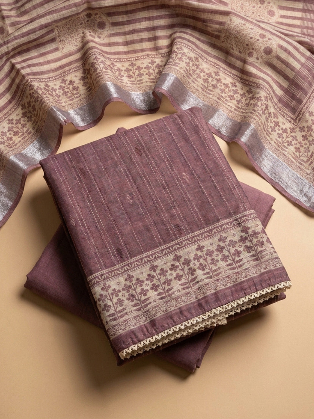 Onion Pink Printed Chanderi Unstitched Dress Material