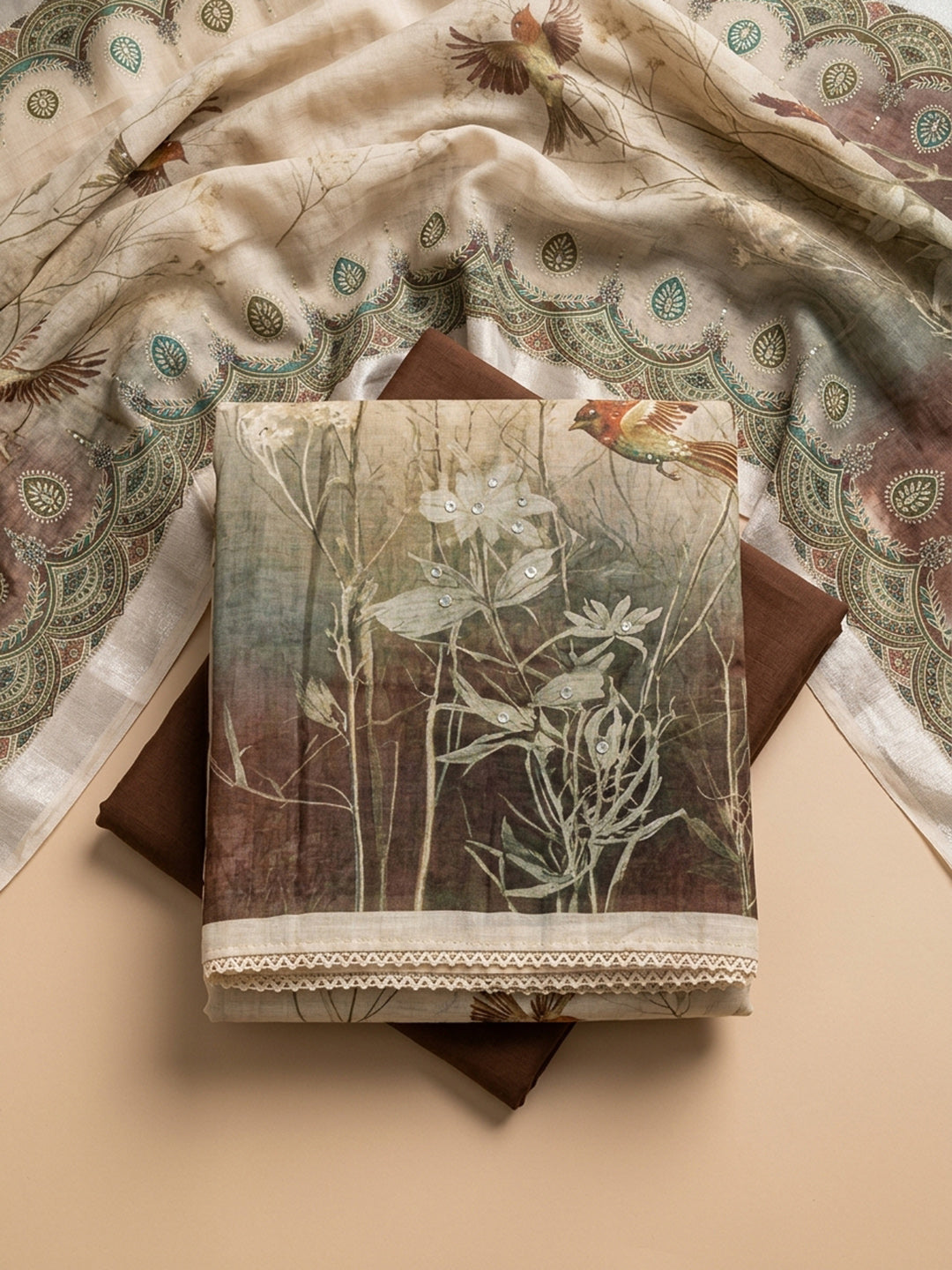 Brown Printed Linen Blend Unstitched Dress Material