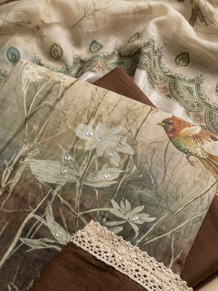 Brown Printed Linen Blend Unstitched Dress Material