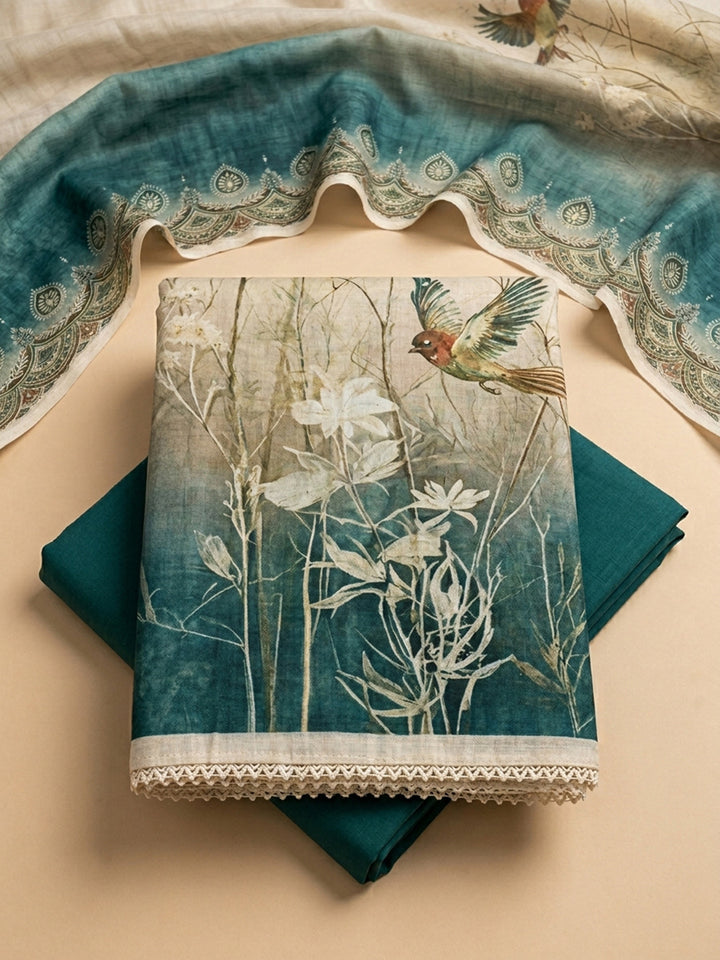 Rama Green Printed Linen Blend Unstitched Dress Material