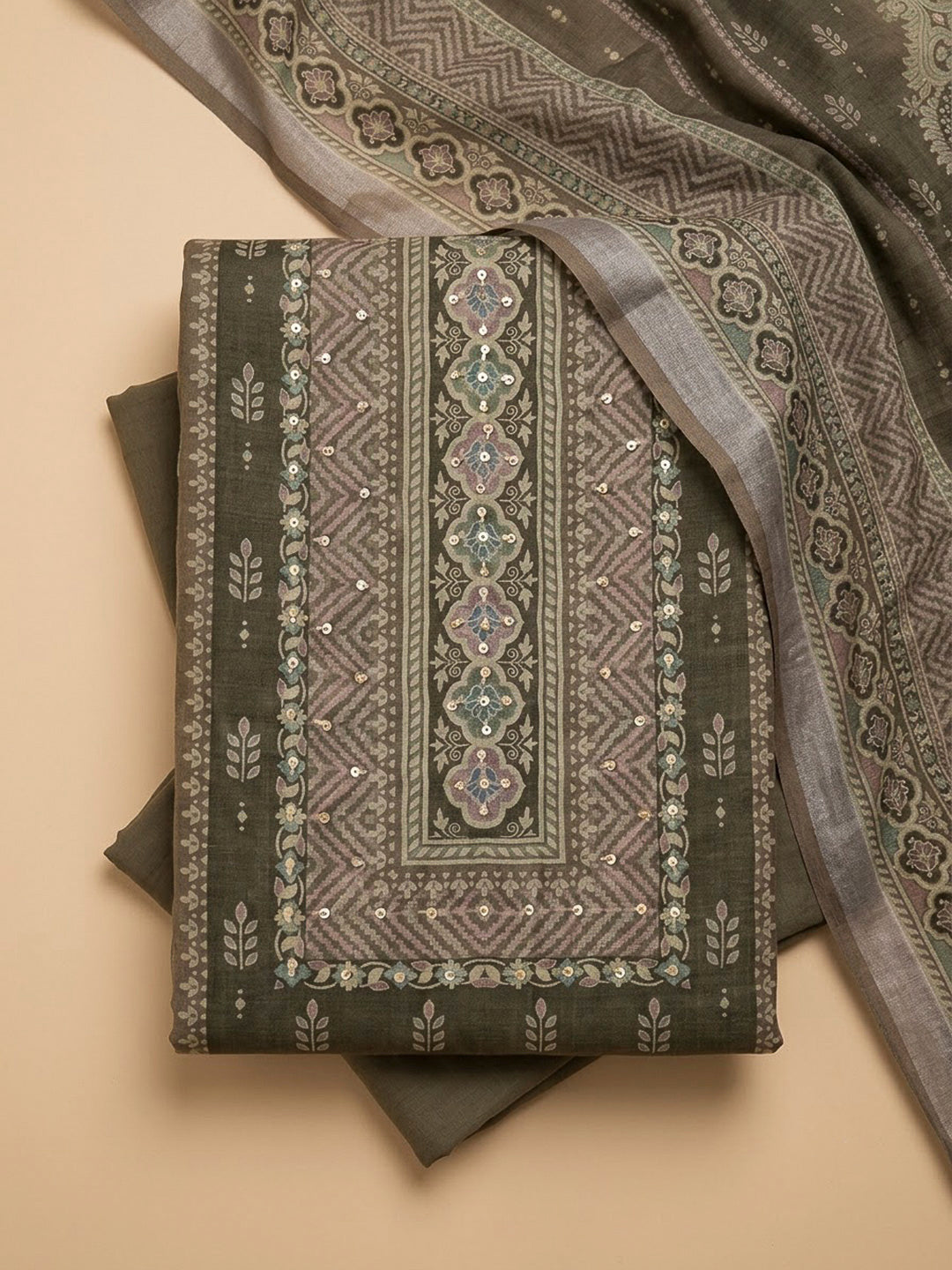 Brown Linen Blend Printed Unstitched Dress Material