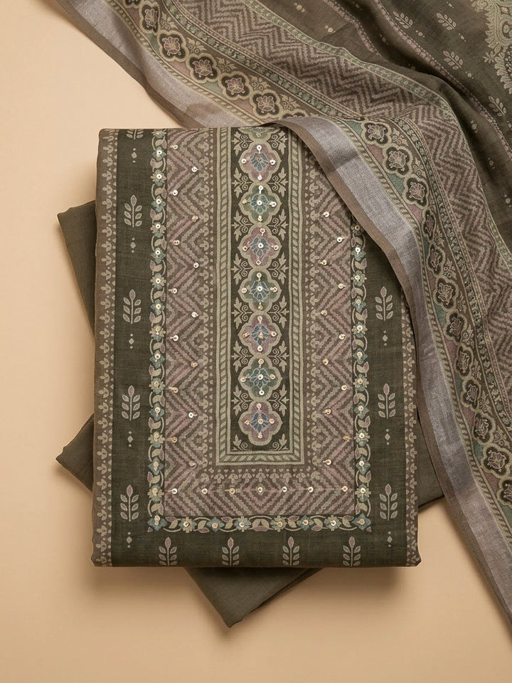 Brown Linen Blend Printed Unstitched Dress Material