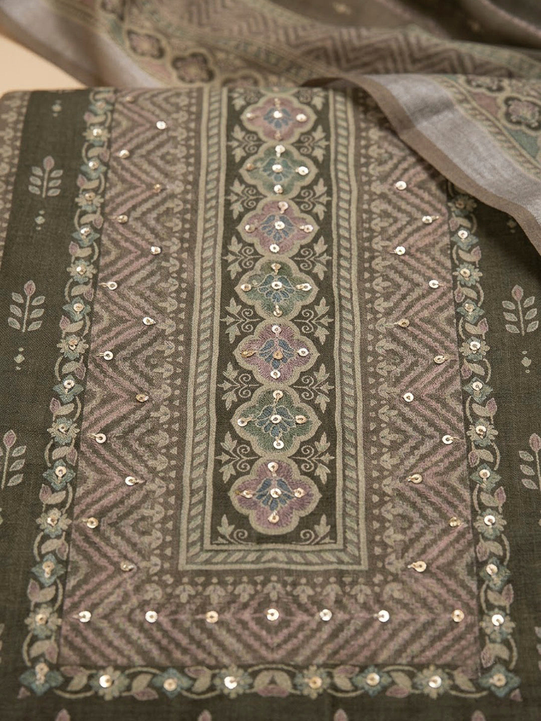 Brown Linen Blend Printed Unstitched Dress Material