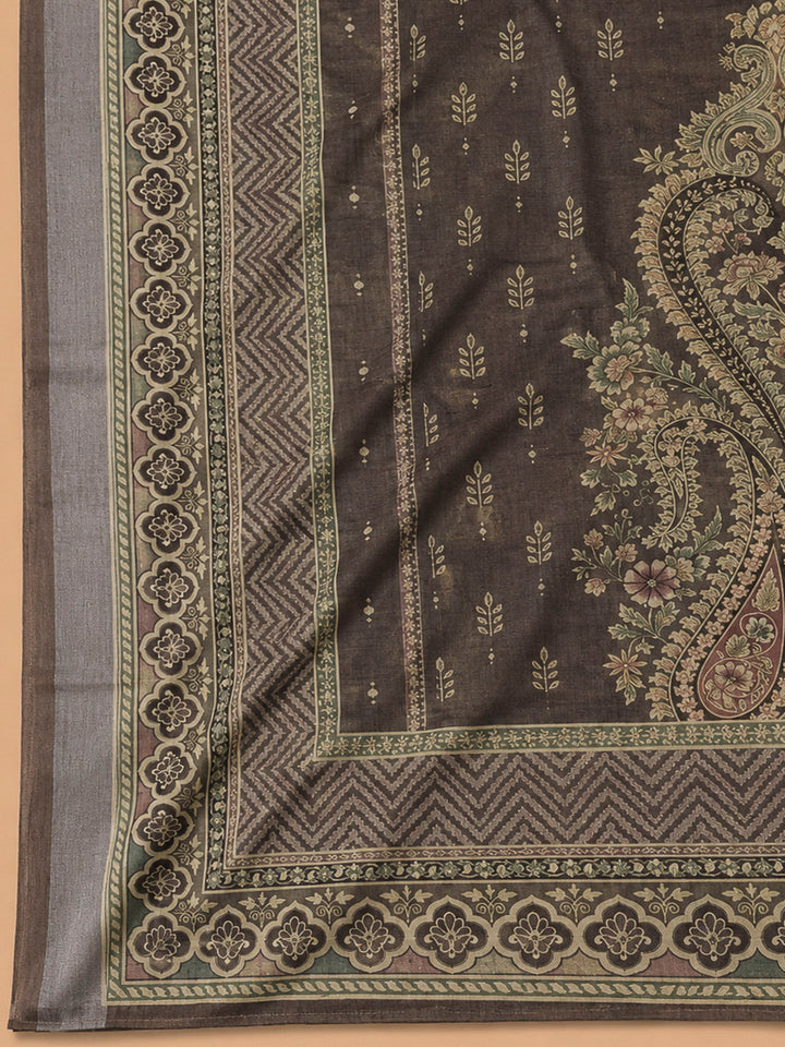 Brown Linen Blend Printed Unstitched Dress Material