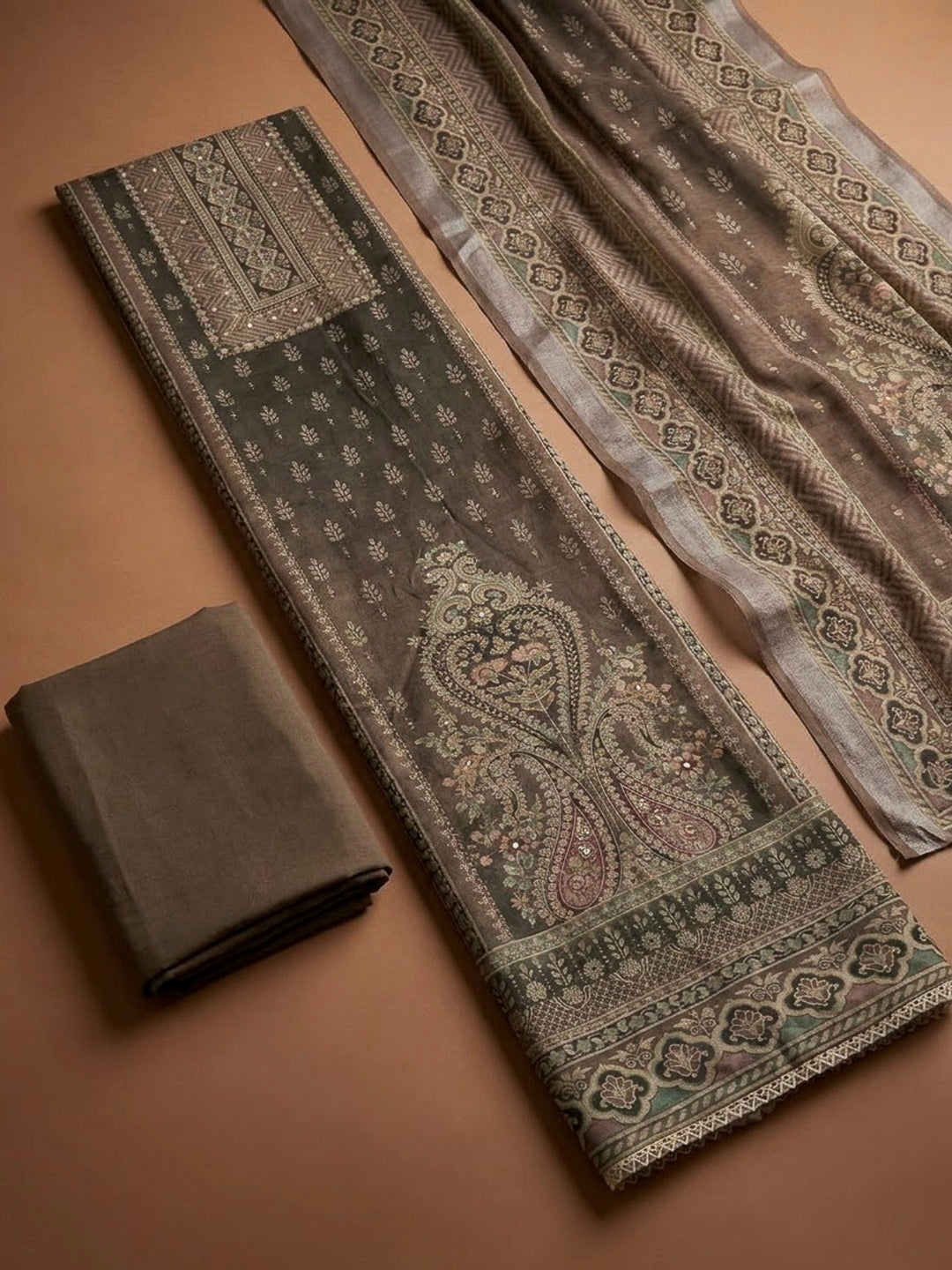 Brown Linen Blend Printed Unstitched Dress Material