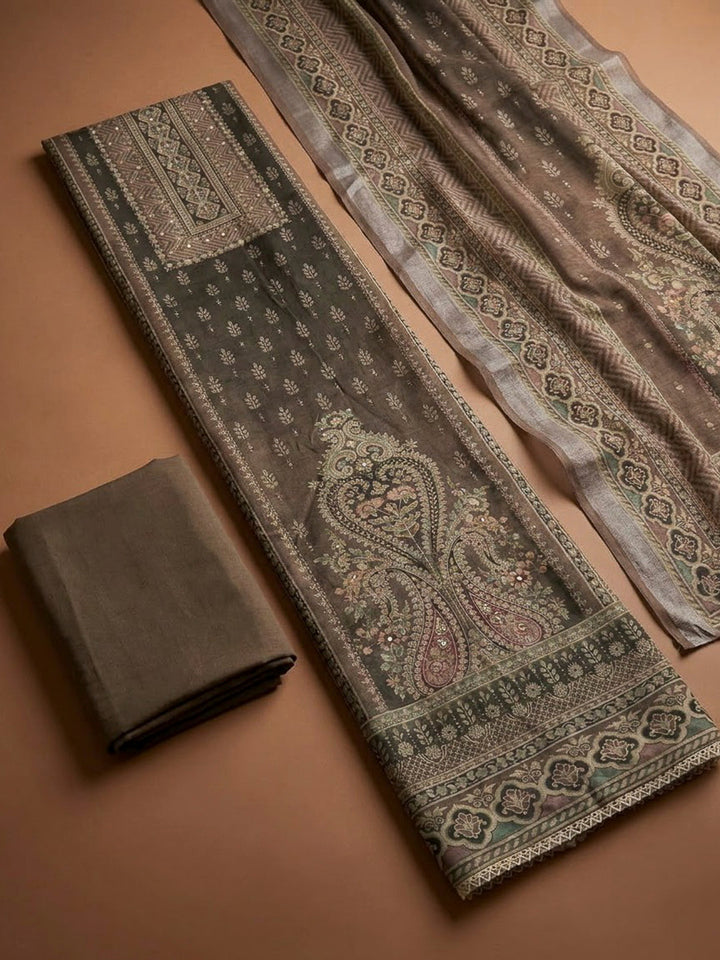 Brown Linen Blend Printed Unstitched Dress Material